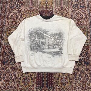 VTG 80s 90s NutCracker Mens Winter Scenic Mill Graphic Sweatshirt Gray Large